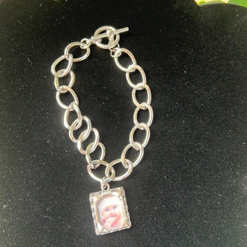 charm bracelet with picture frame charm- Handcrafted silver tone